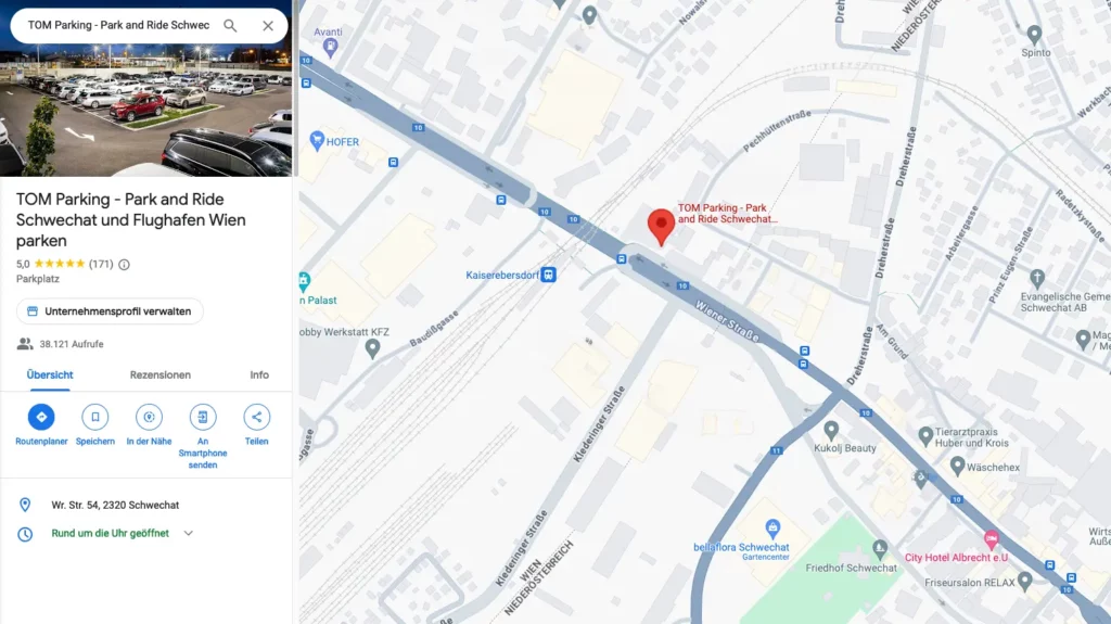 Bécs reptér parkolás - Térkép a TOM Parking parkolójával